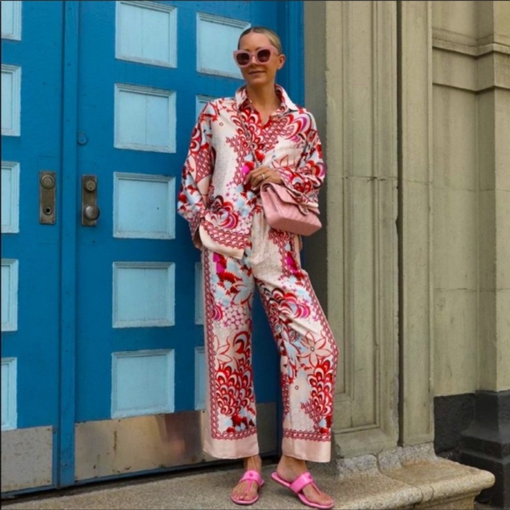 Zara Pink & Red Patterned Wide Leg Jumpsuit